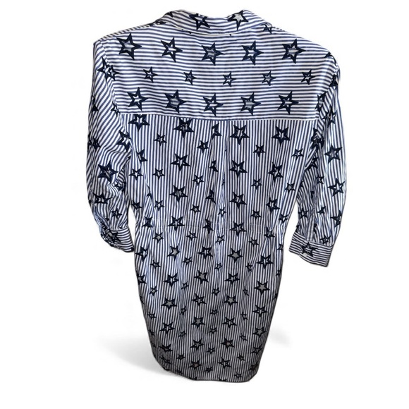 Sandro Navy Blue and White Star Cut-out Patterned Button Up Shirt Style Dress - Picture 4 of 8